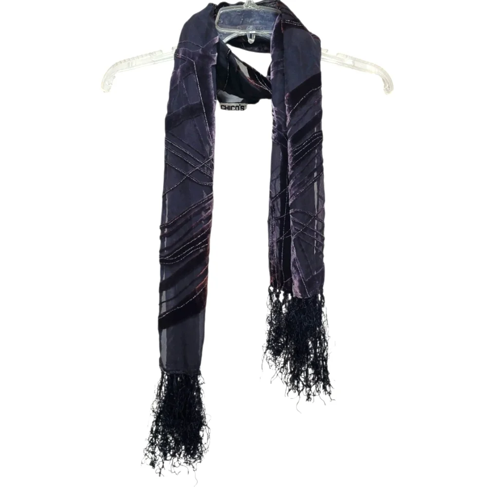 Chico's Vintage Velvet Embellished Metallic Black and Brown Hues Sheer Scarf